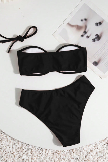 Retro High Waist Metal Detail Halter Strapless Bikini Set