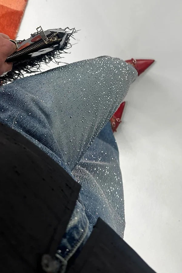 Fashionable Rhinestone Mid-rise Loose Pocket Straight Jeans