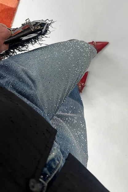 Fashionable Rhinestone Mid-rise Loose Pocket Straight Jeans