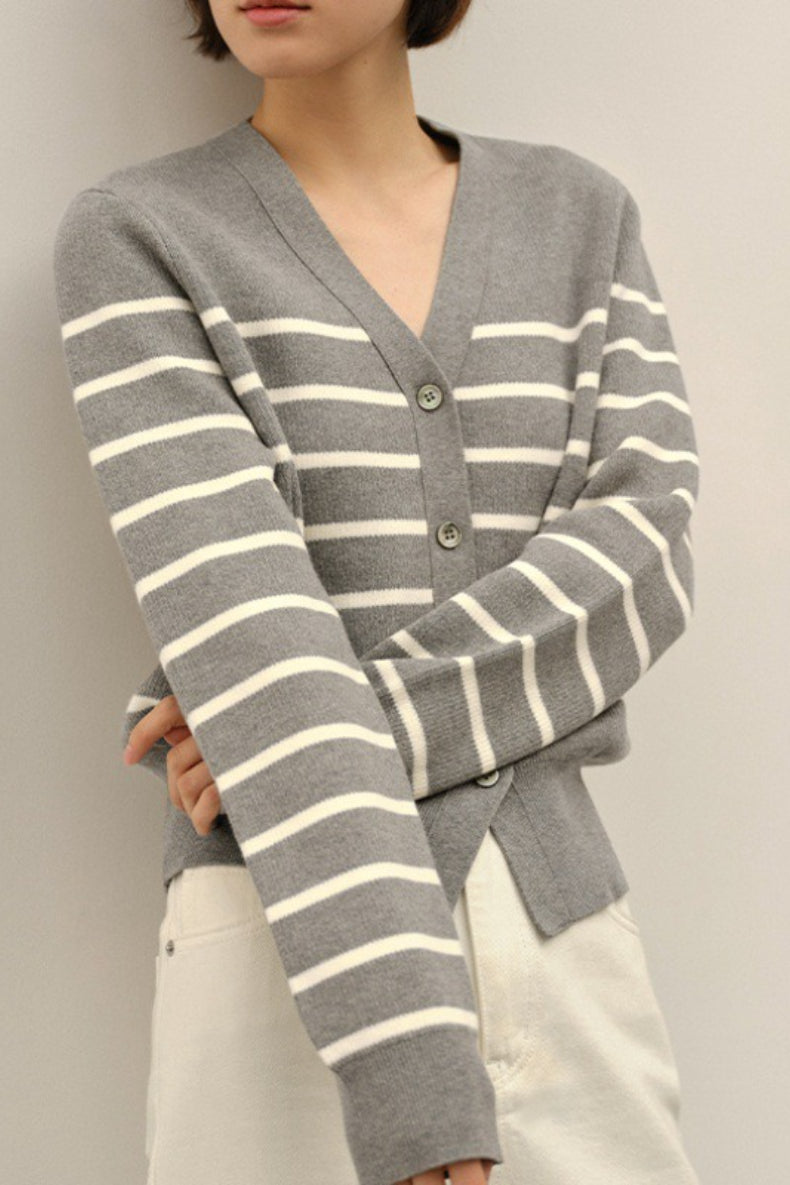 V Neck Stripe Knit Cardigan