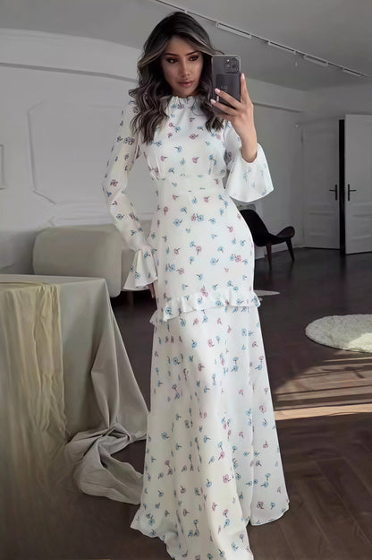 Ruffle Trim Slim Maxi Floral Dress