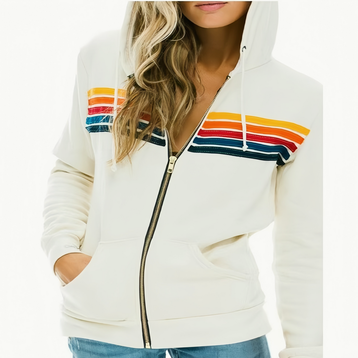Fleece Lined Colorful Striped Zip Loose Unisex Hoodie