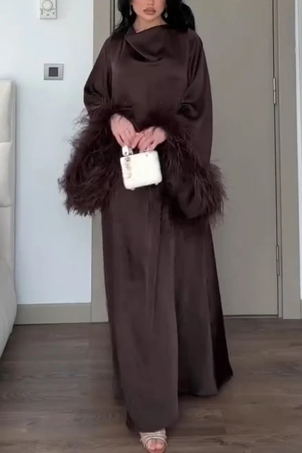 Nadina Satin Cowl Neck Long Feather Trim Sleeve Loose Maxi Dress