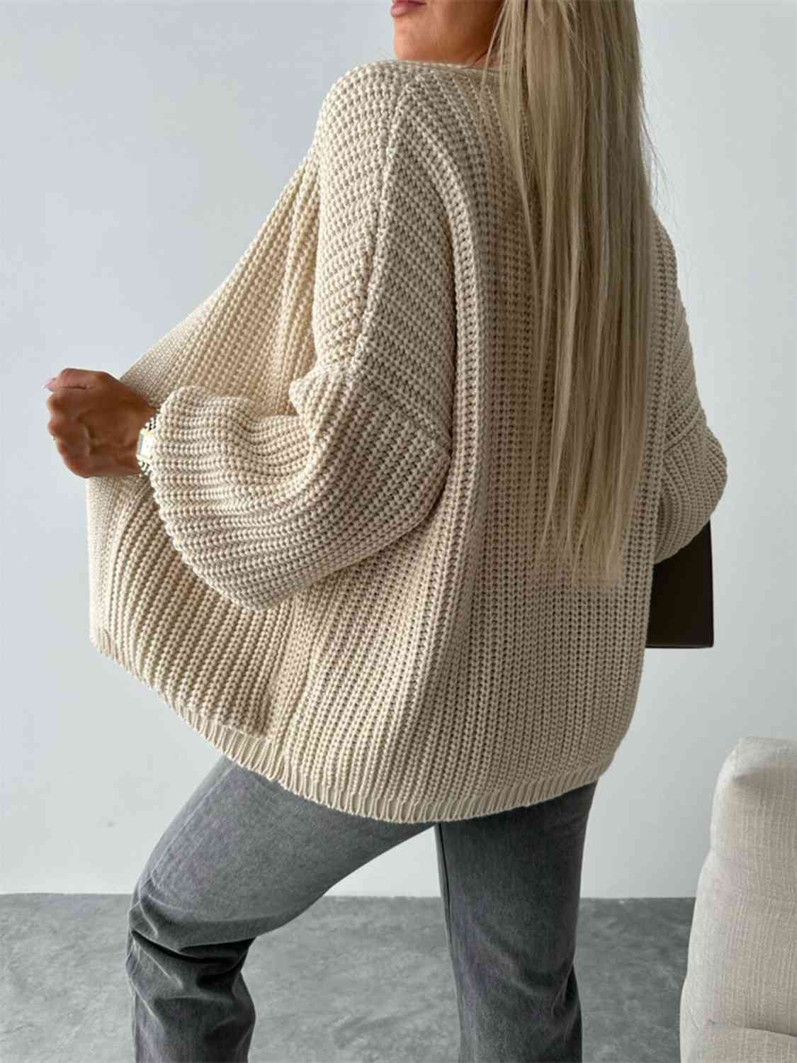 Solid Color V-neck Long-sleeved Casual Knitted Cardigan