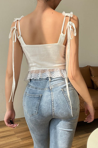 Sexy Lace Trim Backless Tie Crop Top