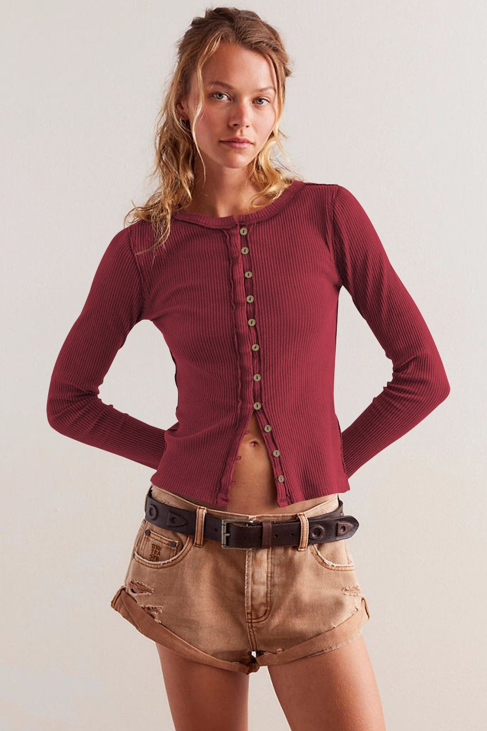 Round Neck Long Sleeve Ribbed Cardigan