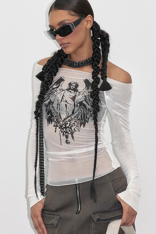Slim Printed One Shoulder Mesh Knit Sheer Crop Top