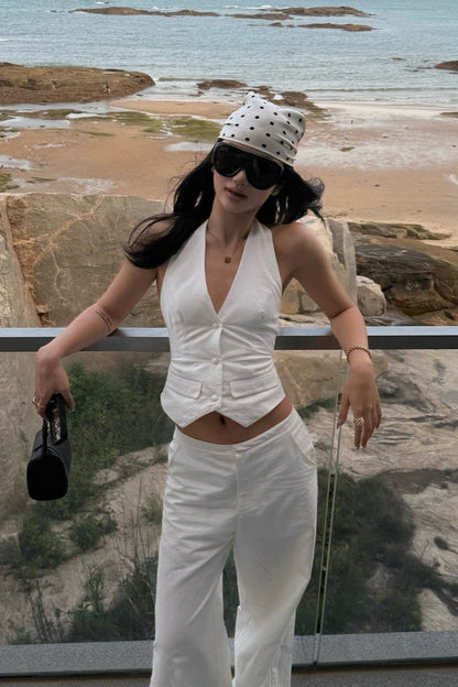 White Two Piece Halter Open Back Fitted Vest Pants Set