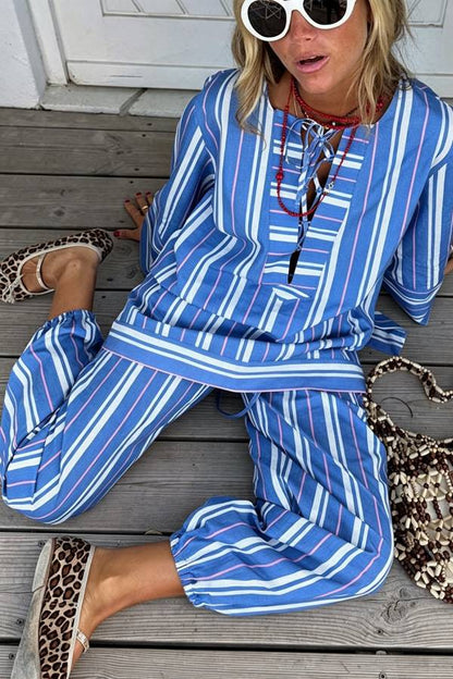 Althea Striped Print Lace-up Neck Long Sleeve Top and Elastic Waist Pocket Lantern Pants Set
