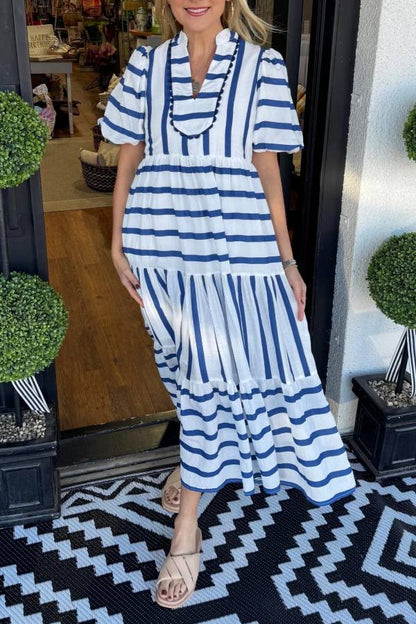 Women's Short Bubble Sleeve Striped Dress With Pockets