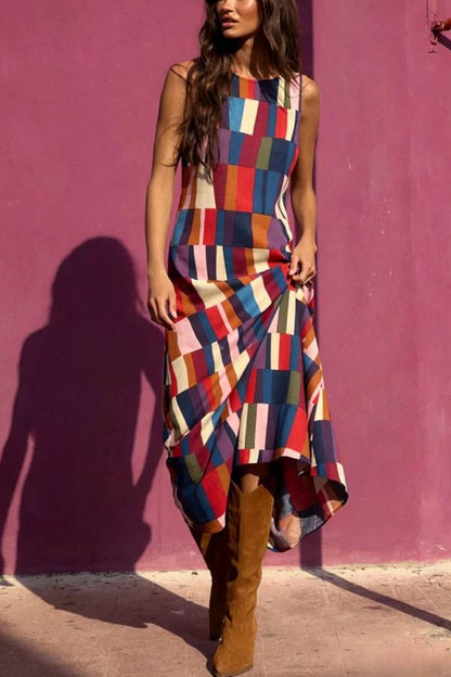 Retro Chic Linen Blend Colorful Color Block High Round Neck Sleeveless Maxi Dress