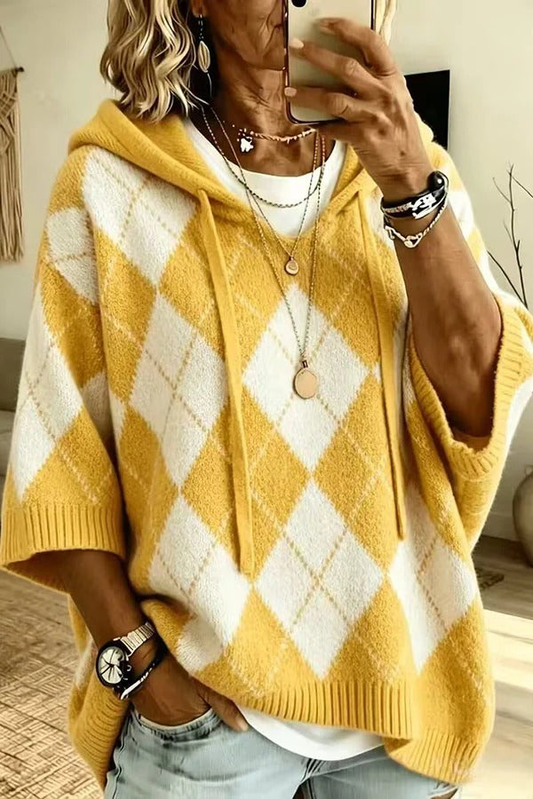 Comfortable and Casual Knit Color-blocked Plaid Print Half Sleeve Hoodie Sweater