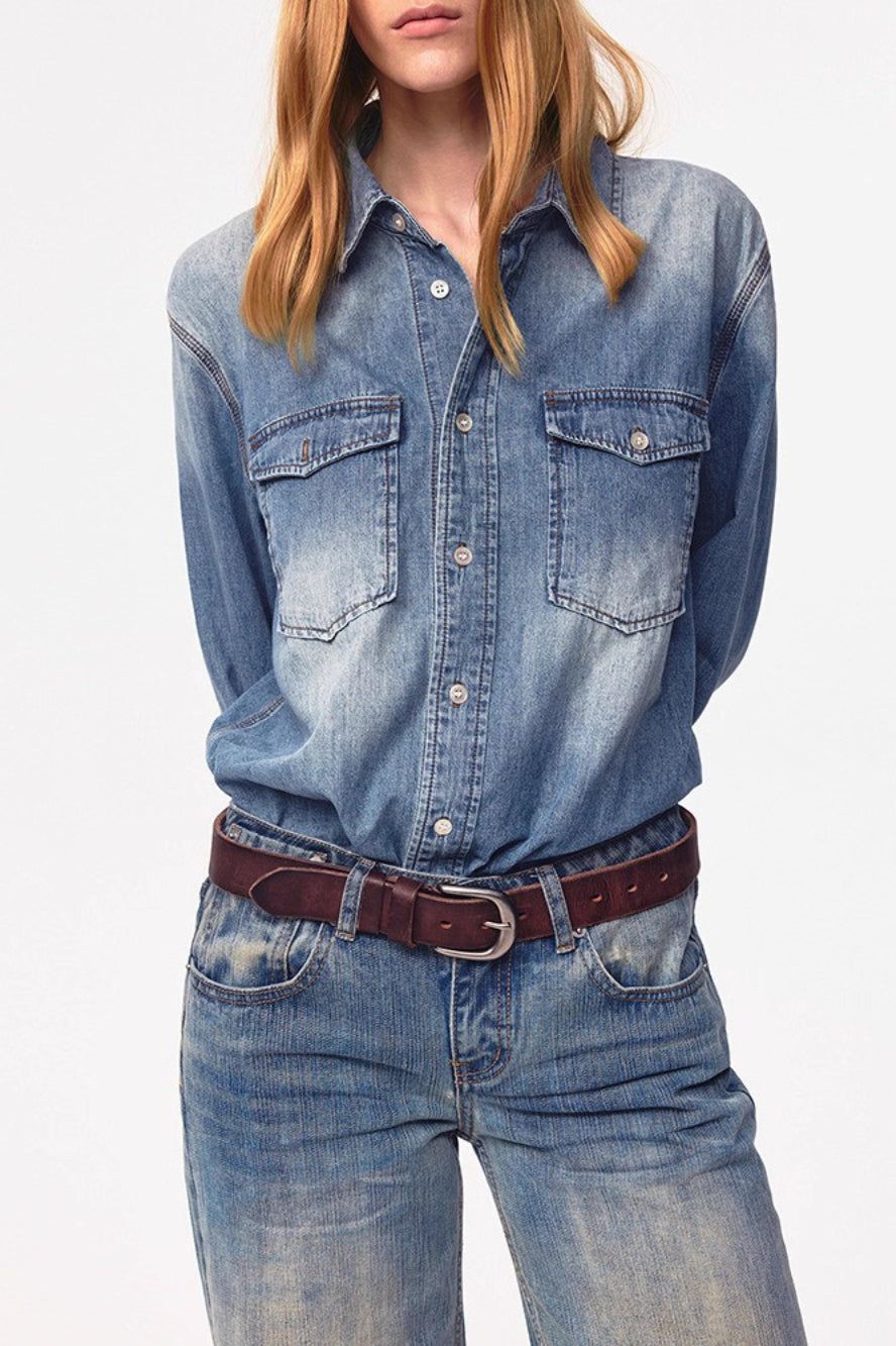 Retro Washed Denim Long Sleeve Top
