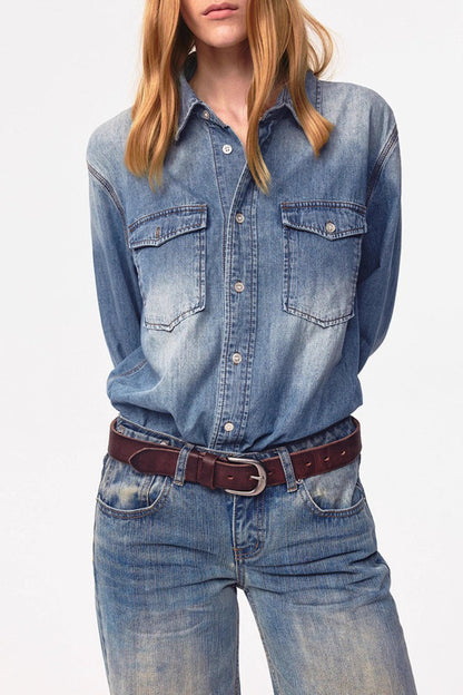 Retro Washed Denim Long Sleeve Top