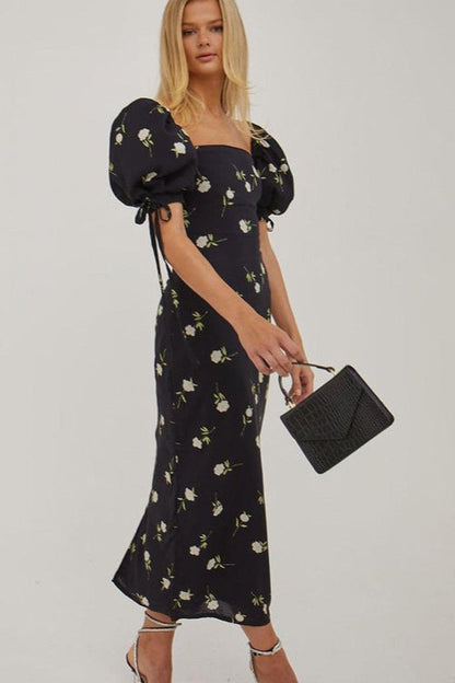 Off Shoulder Puff Sleeve Slim Floral Dress