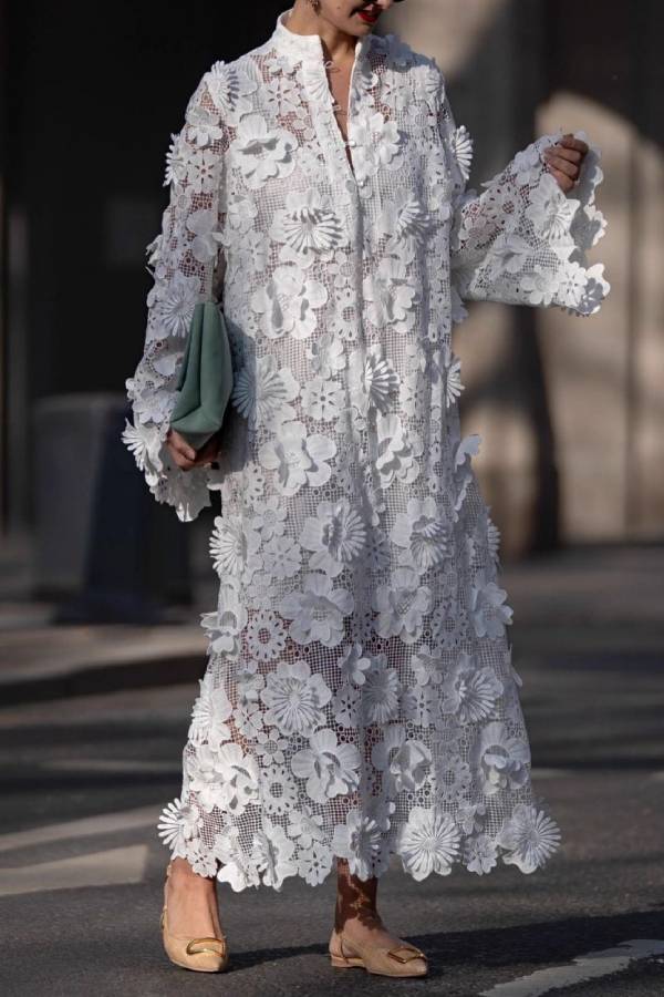 3D Floral Embroidered Stand-Collar Long Coat