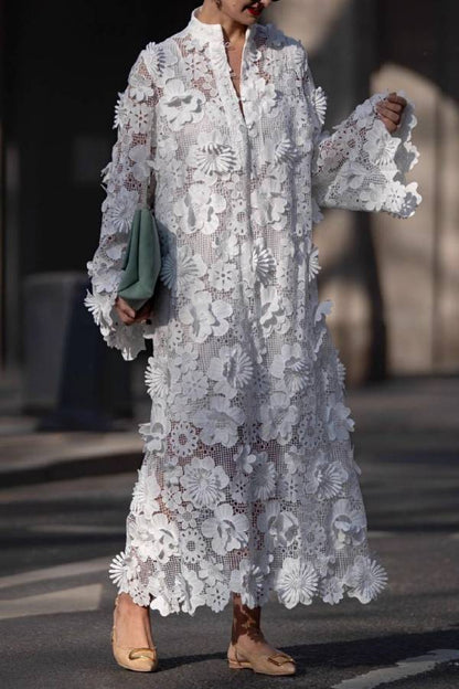 3D Floral Embroidered Stand-Collar Long Coat