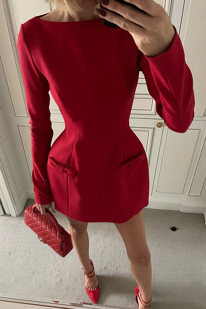 Boat Neck Long Sleeve Bow Hip Detail Structured A-Line Mini Dress