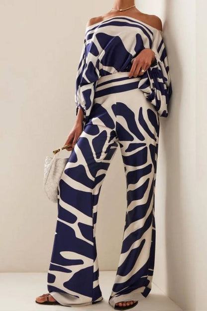 Casual Fashion Satin Printed Loose One-shoulder Neck Two-piece Suit