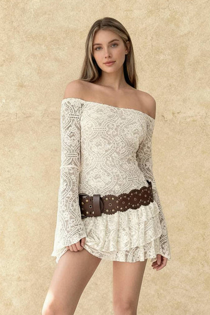 Lace Off Shoulder Bell Sleeve Tiered Ruffle Mini Dress