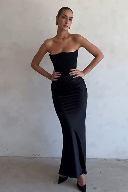 Satin Ruched Strapless Bodycon Dress