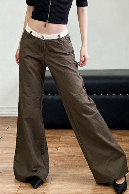 Retro Contrast Waistband Colorblock Wide Leg Jeans