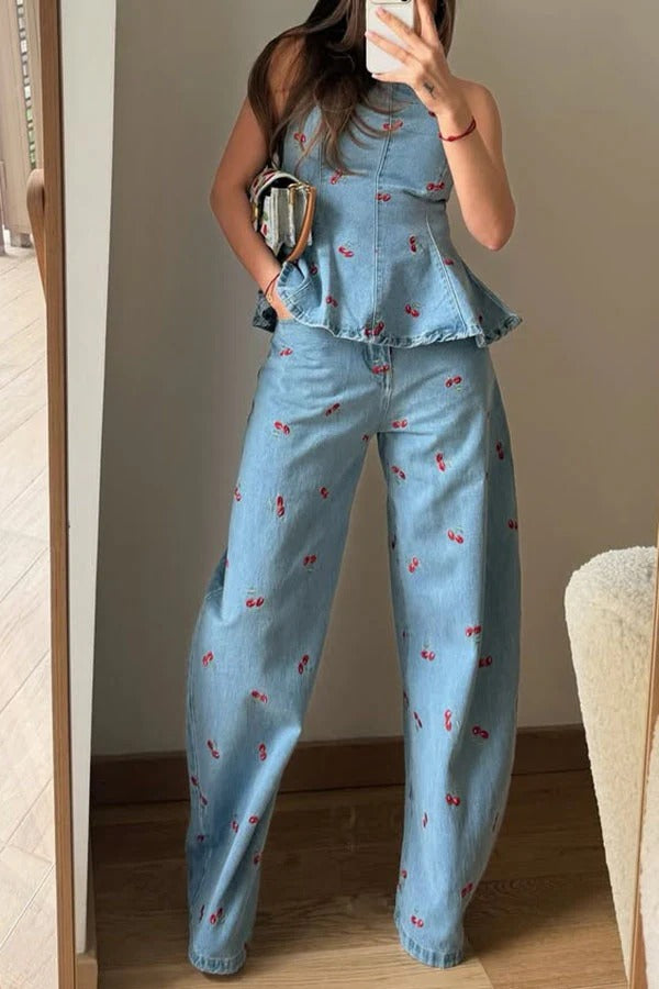 Sweet Casual Denim Cherry Print High Rise Pocket Straight Leg Loose Jeans