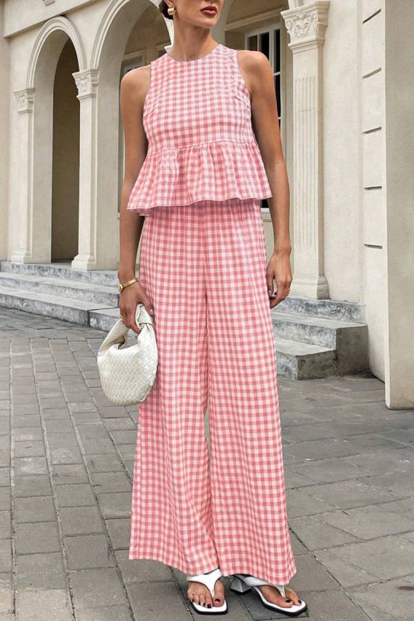 Gingham Sleeveless Ruffle Top & Wide Leg Pants Two Piece Set