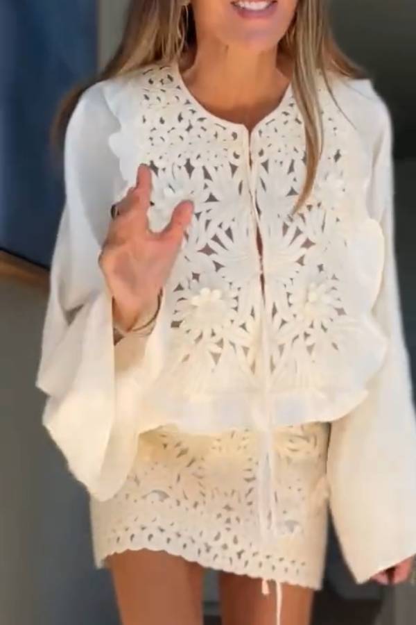 Pure White 3D Lace Embroidered High-Waisted Skirt