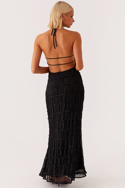 Backless Ruched Striped Tie Ruffled Maxi Boho Dress
