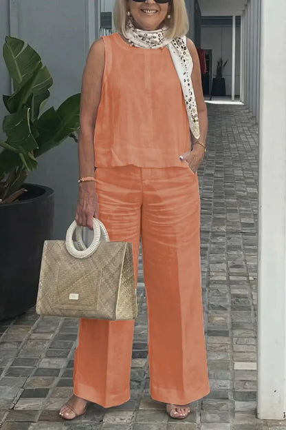 Cotton and Linen Sleeveless Top and Wide-Leg Pants Two-Piece Set