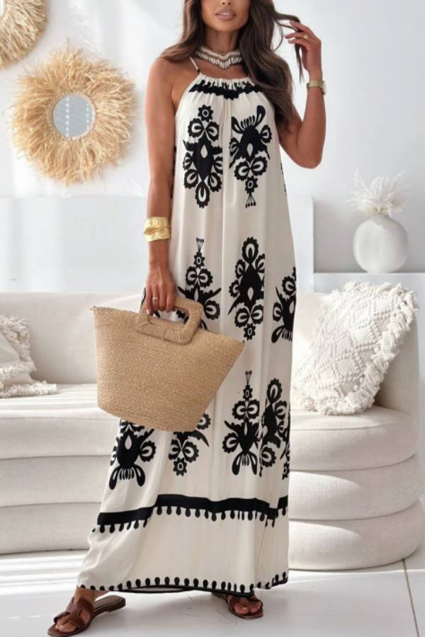Boho Geometric Print Halter Maxi Dress