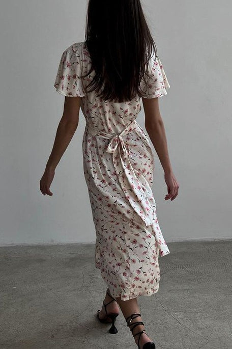 V Neck Tie Waist Short Sleeve Shirt Floral Dress