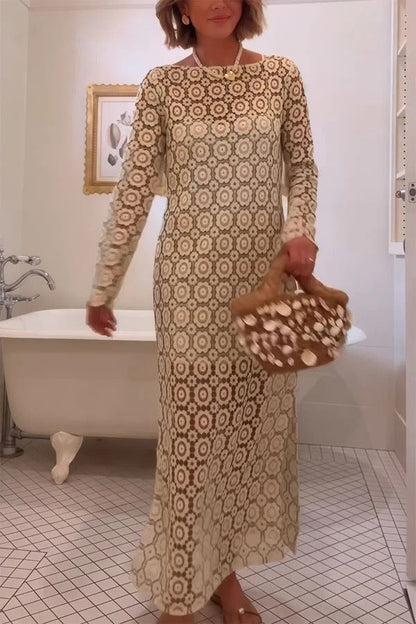 Summer Fashion Floral Crochet Cutout Fabric Long Sleeve Slit Vacation Midi Dress