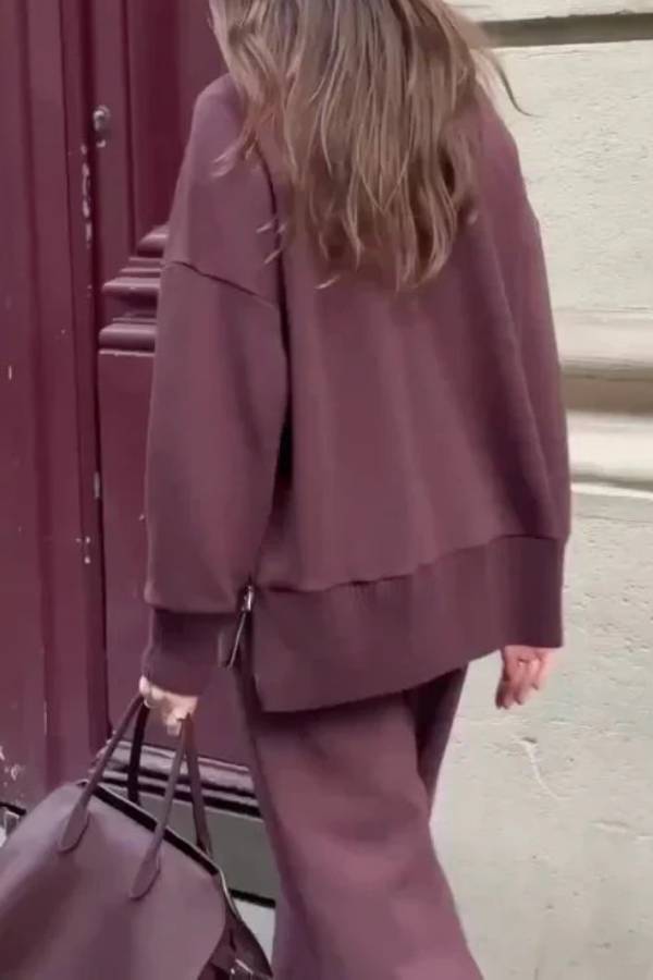 Double Soft Turtleneck Side Zipper Sweatshirt and Elastic Waist Pocketed Loose Pants Set