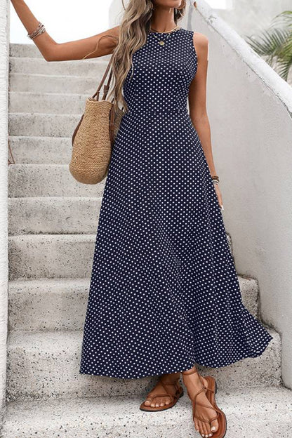 Multi-Color Polka Dot Backless Tie Sleeveless Flowy Maxi Dress
