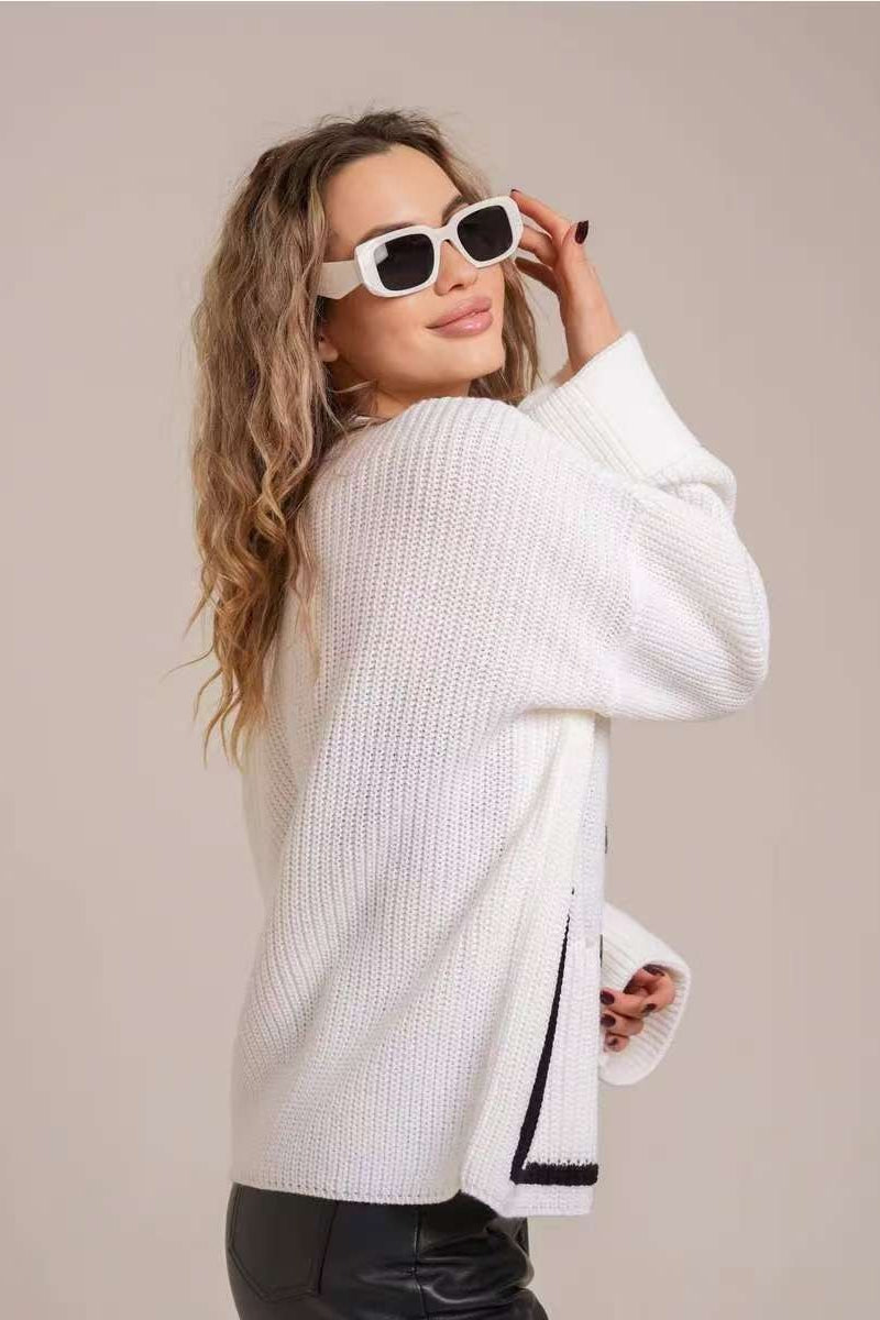 Pocket Color Block V Neck Cardigan