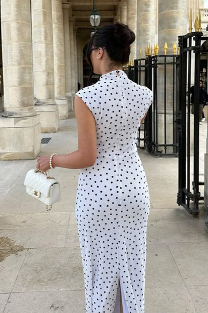 Polka Dot Mock Neck Sleeveless Bodycon Maxi Dress