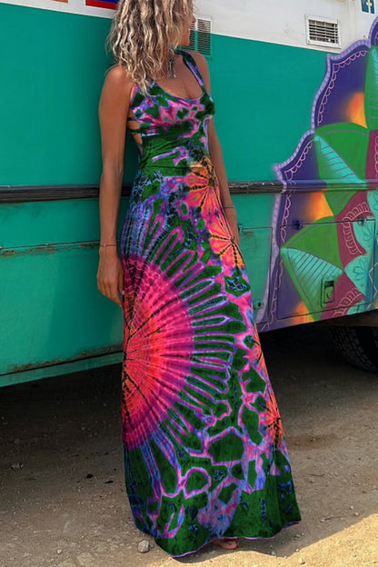 La Bamba Tie-dye Print Back Lace-up Stretch Maxi Dress（With built-in bra）