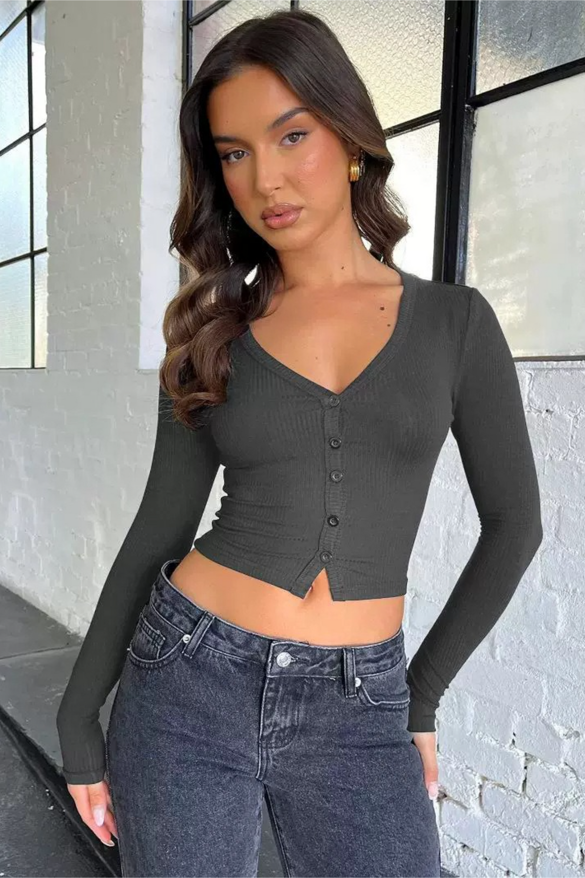 Y2K Ribbed Regular Shoulder Button Cardigan Crop Top