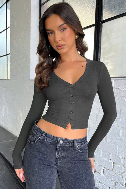 Y2K Ribbed Regular Shoulder Button Cardigan Crop Top
