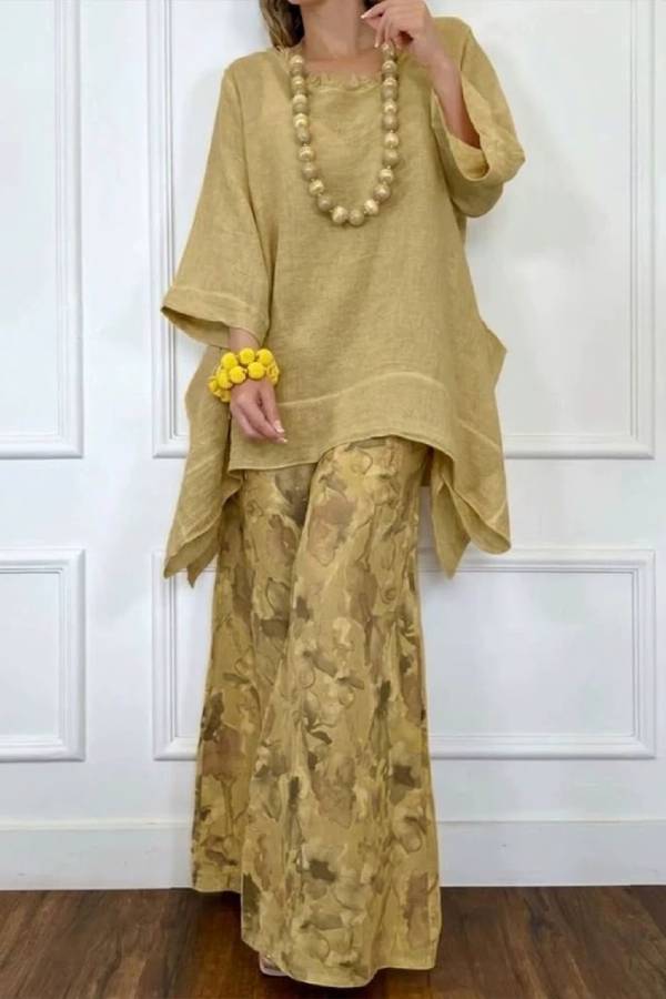 Raw Edge Neck Irregular Linen Top & Ink Floral Wide Leg Pants Set