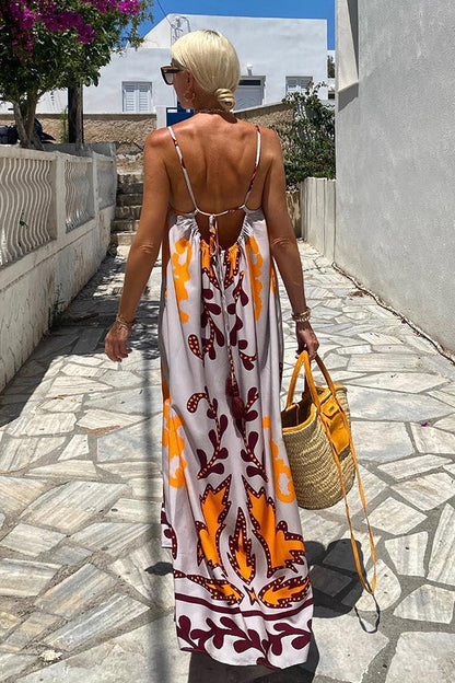 Ethnic Print Spaghetti Strap Loose Kaftan Maxi Summer Dress