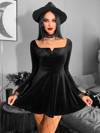 Velvet Square Neck Lace Cuff Flared Mini Dress