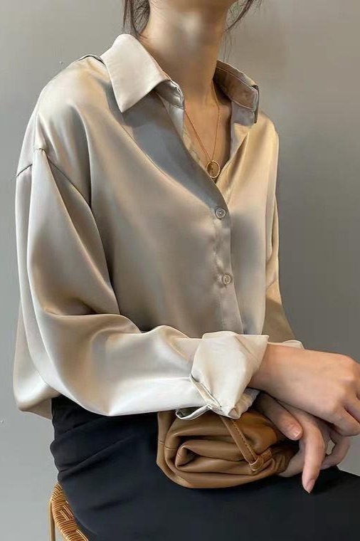 Satin Vintage Unique Draped Long Sleeve Blouse