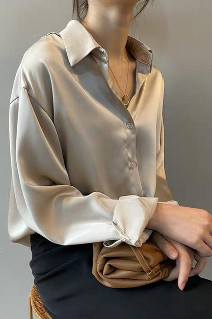 Satin Vintage Unique Draped Long Sleeve Blouse
