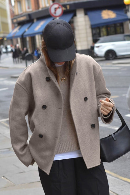 Brown Double Breasted Wool Blend Coat
