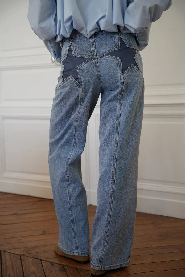 Stylish Denim Colorblock Star Patterned Mid Waist Pocket Wide Leg Jeans