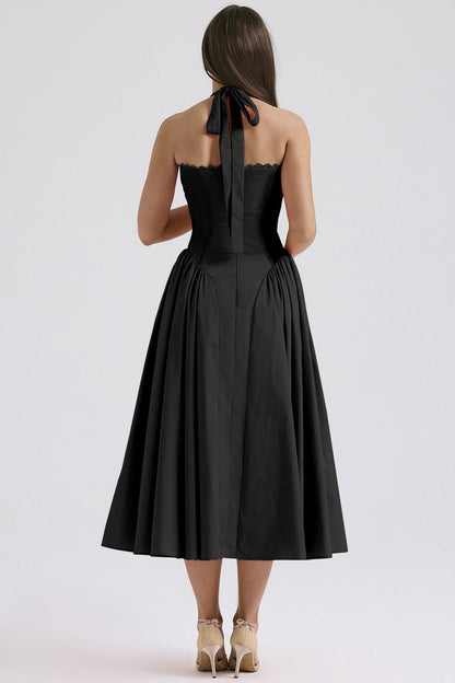 Floral Halter Lace Trim Long Sleeveless Prom Dress