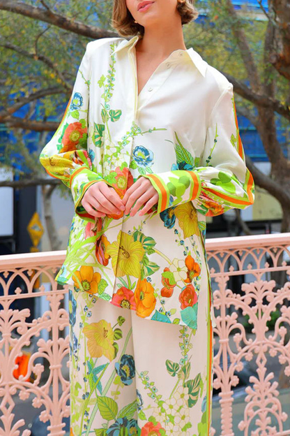 Satin Floral Print Back Tie-up Button Down Oversized Blouse